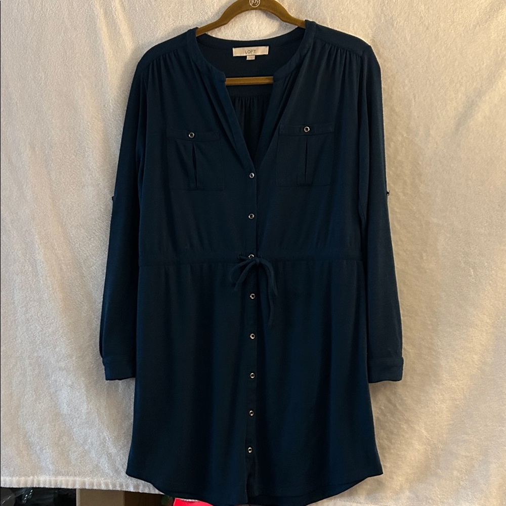 LOFT Deep Green Button-Up Knit Shirtdress Medium - Picture 3 of 7